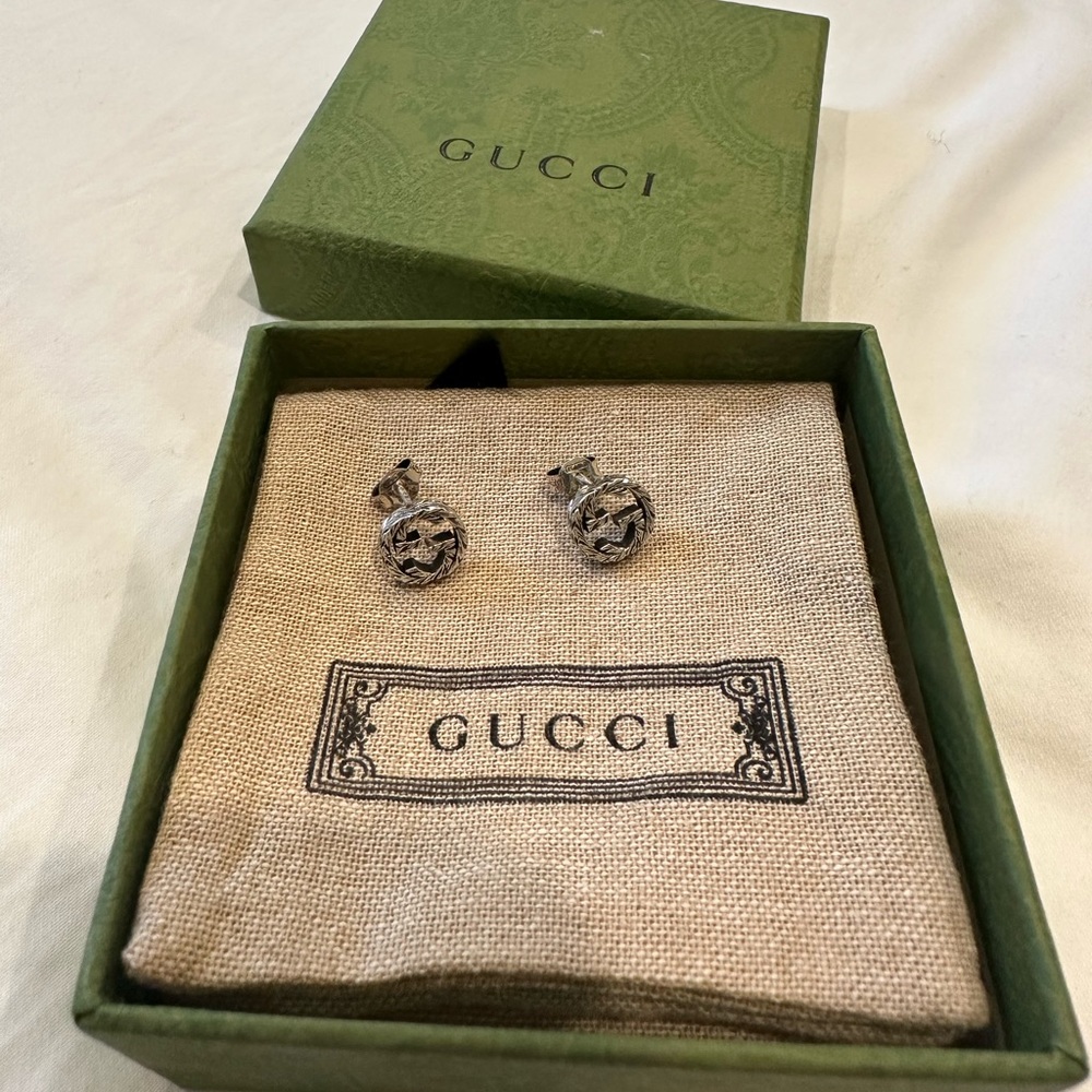 Gucci Stud Earrings With Interlocking G Motif in Aged Sterling Silver